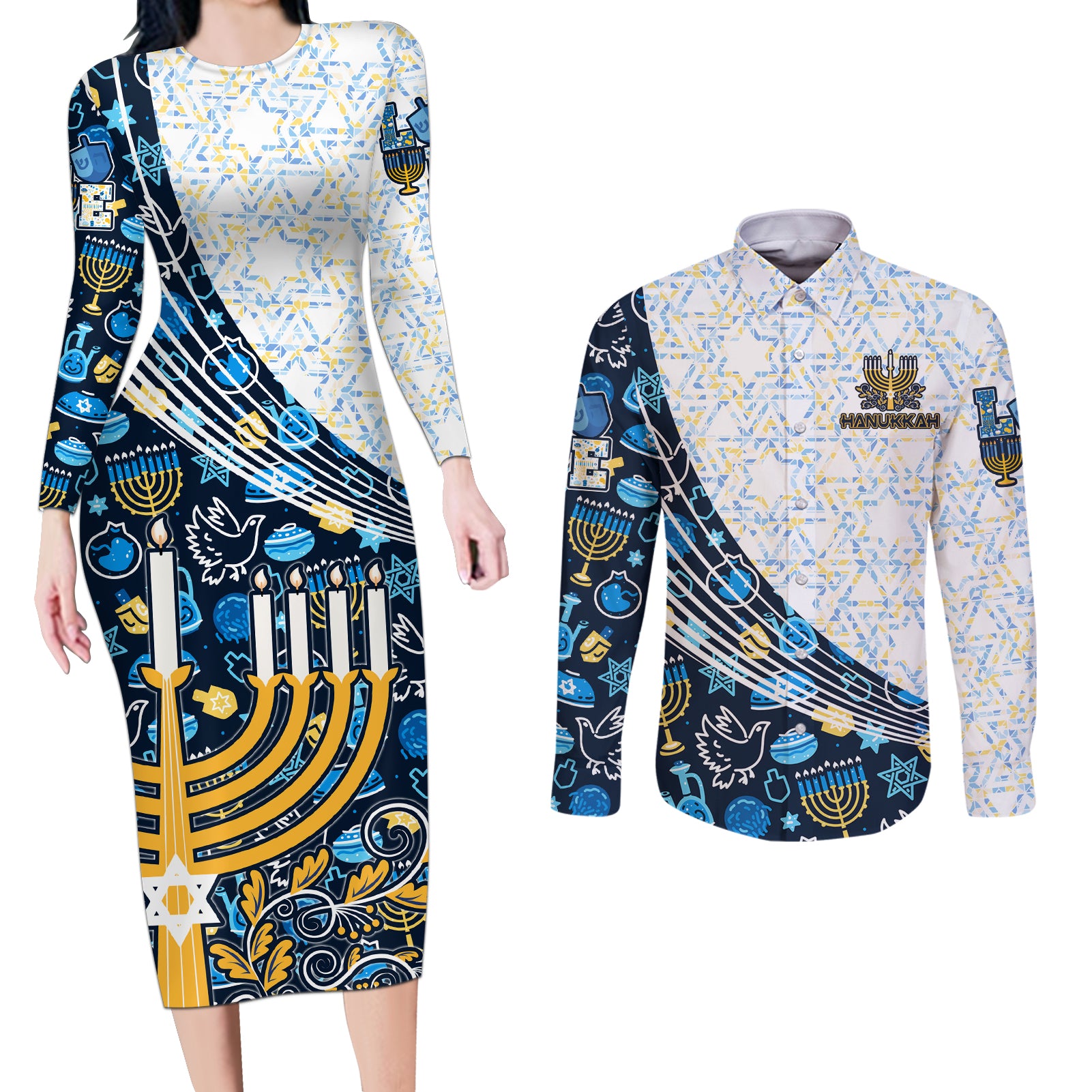 Happy Hanukkah Couples Matching Long Sleeve Bodycon Dress and Long Sleeve Button Shirt Menorah and Dreidel - Wonder Print Shop