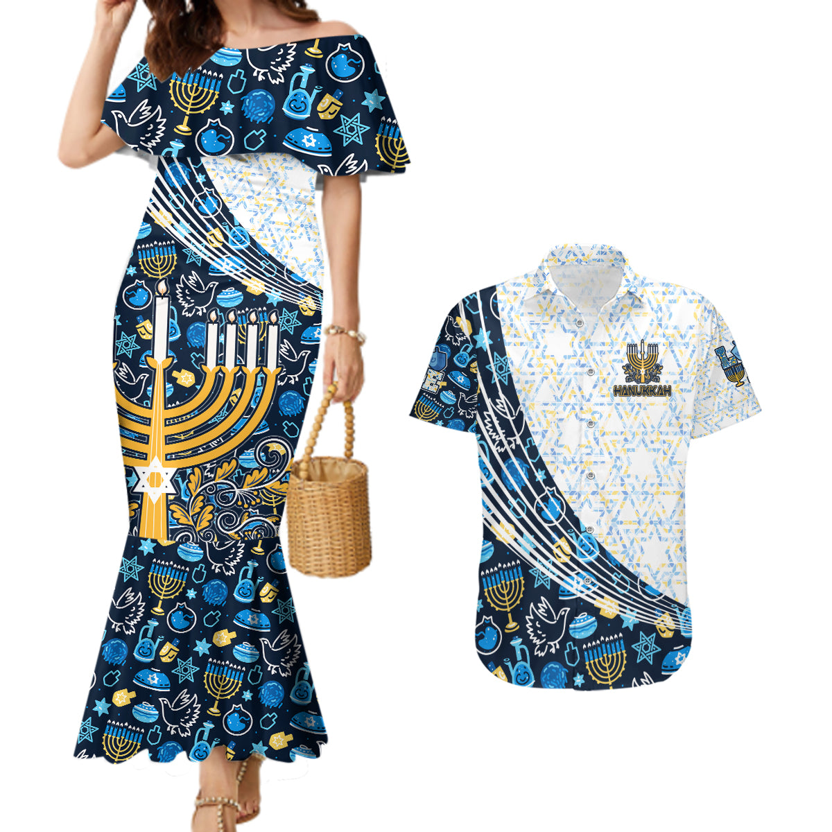 Happy Hanukkah Couples Matching Mermaid Dress and Hawaiian Shirt Menorah and Dreidel - Wonder Print Shop