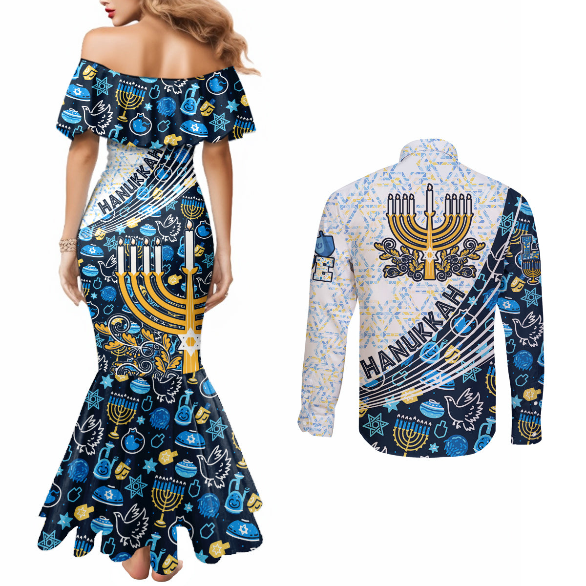 happy-hanukkah-couples-matching-mermaid-dress-and-long-sleeve-button-shirt-menorah-and-dreidel