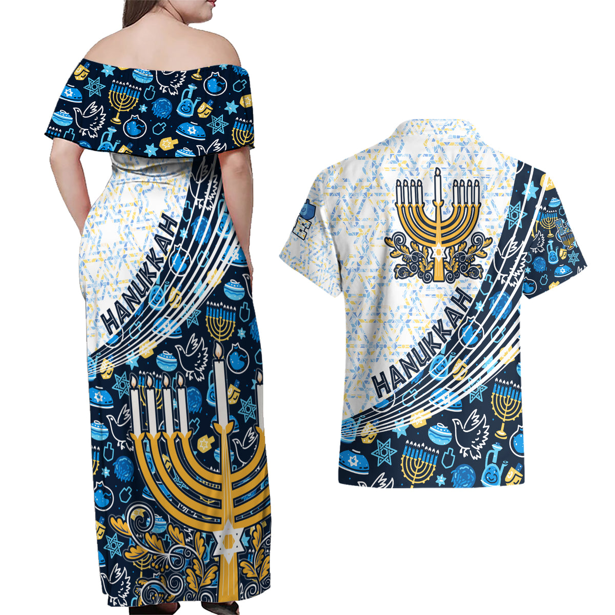 Happy Hanukkah Couples Matching Off Shoulder Maxi Dress and Hawaiian Shirt Menorah and Dreidel - Wonder Print Shop