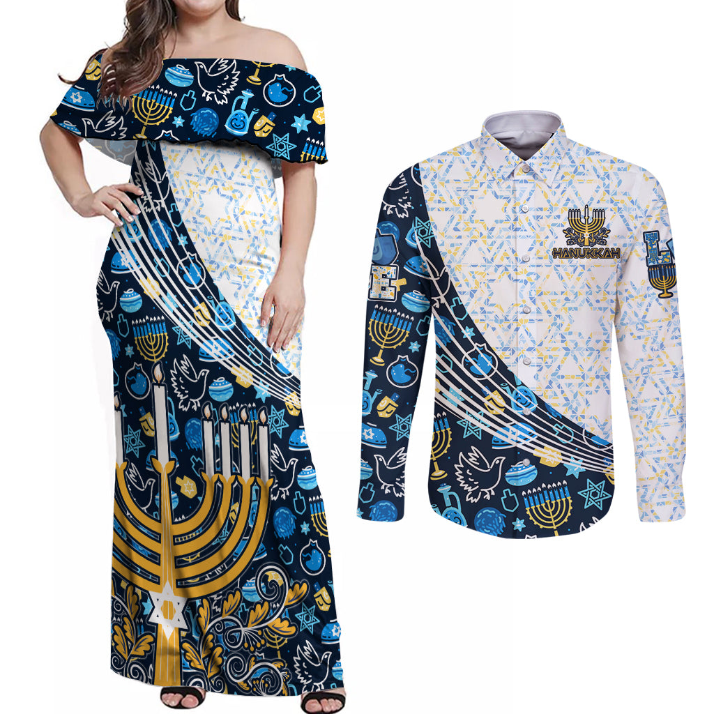 Happy Hanukkah Couples Matching Off Shoulder Maxi Dress and Long Sleeve Button Shirt Menorah and Dreidel - Wonder Print Shop