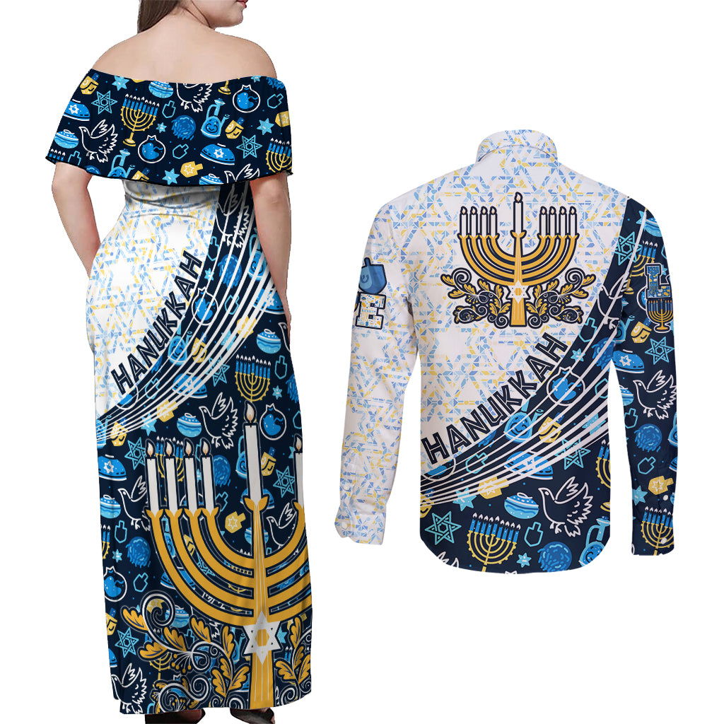 Happy Hanukkah Couples Matching Off Shoulder Maxi Dress and Long Sleeve Button Shirt Menorah and Dreidel - Wonder Print Shop
