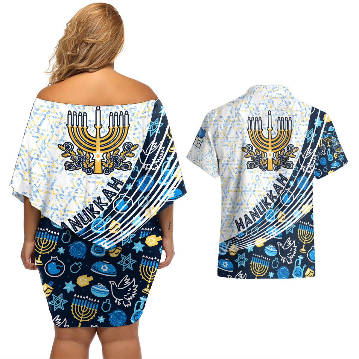 Happy Hanukkah Couples Matching Off Shoulder Short Dress and Hawaiian Shirt Menorah and Dreidel - Wonder Print Shop