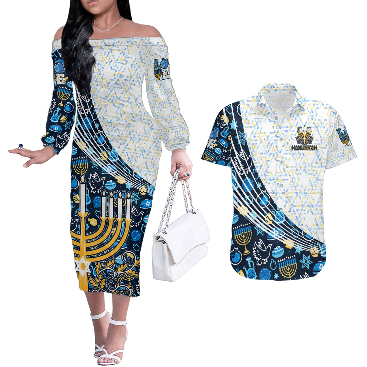 Happy Hanukkah Couples Matching Off The Shoulder Long Sleeve Dress and Hawaiian Shirt Menorah and Dreidel - Wonder Print Shop
