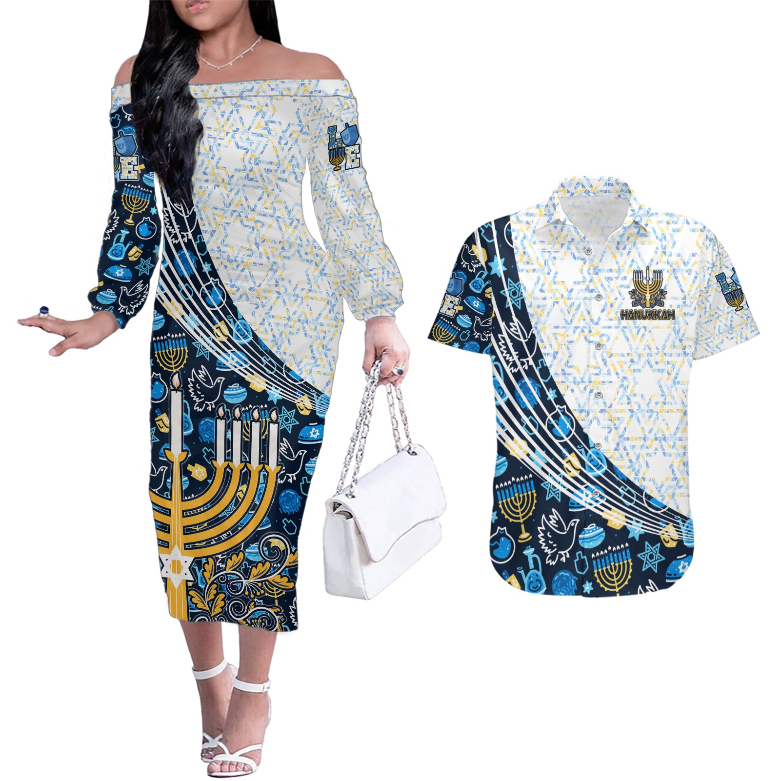 Happy Hanukkah Couples Matching Off The Shoulder Long Sleeve Dress and Hawaiian Shirt Menorah and Dreidel - Wonder Print Shop