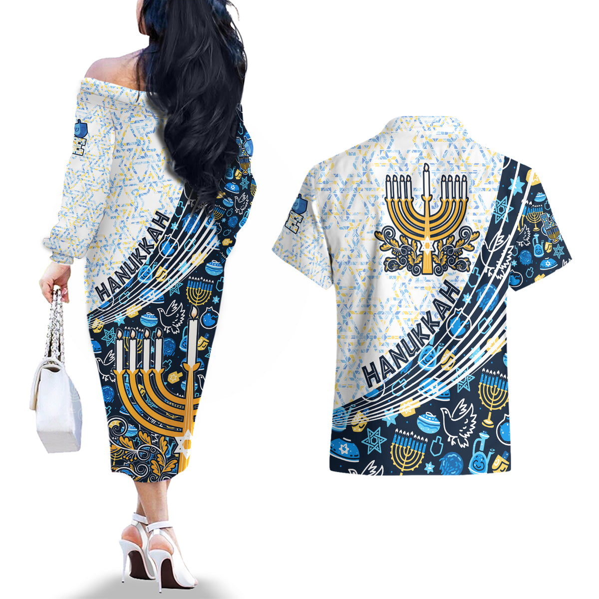 Happy Hanukkah Couples Matching Off The Shoulder Long Sleeve Dress and Hawaiian Shirt Menorah and Dreidel - Wonder Print Shop