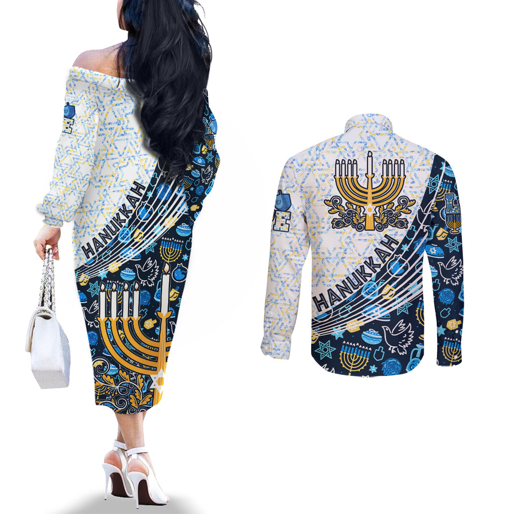 happy-hanukkah-couples-matching-off-the-shoulder-long-sleeve-dress-and-long-sleeve-button-shirt-menorah-and-dreidel