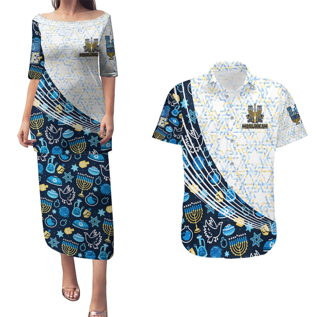 Happy Hanukkah Couples Matching Puletasi Dress and Hawaiian Shirt Menorah and Dreidel - Wonder Print Shop