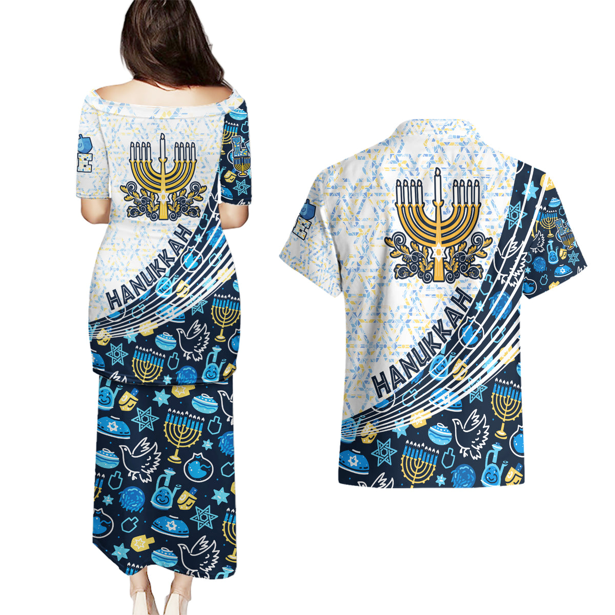 Happy Hanukkah Couples Matching Puletasi Dress and Hawaiian Shirt Menorah and Dreidel - Wonder Print Shop