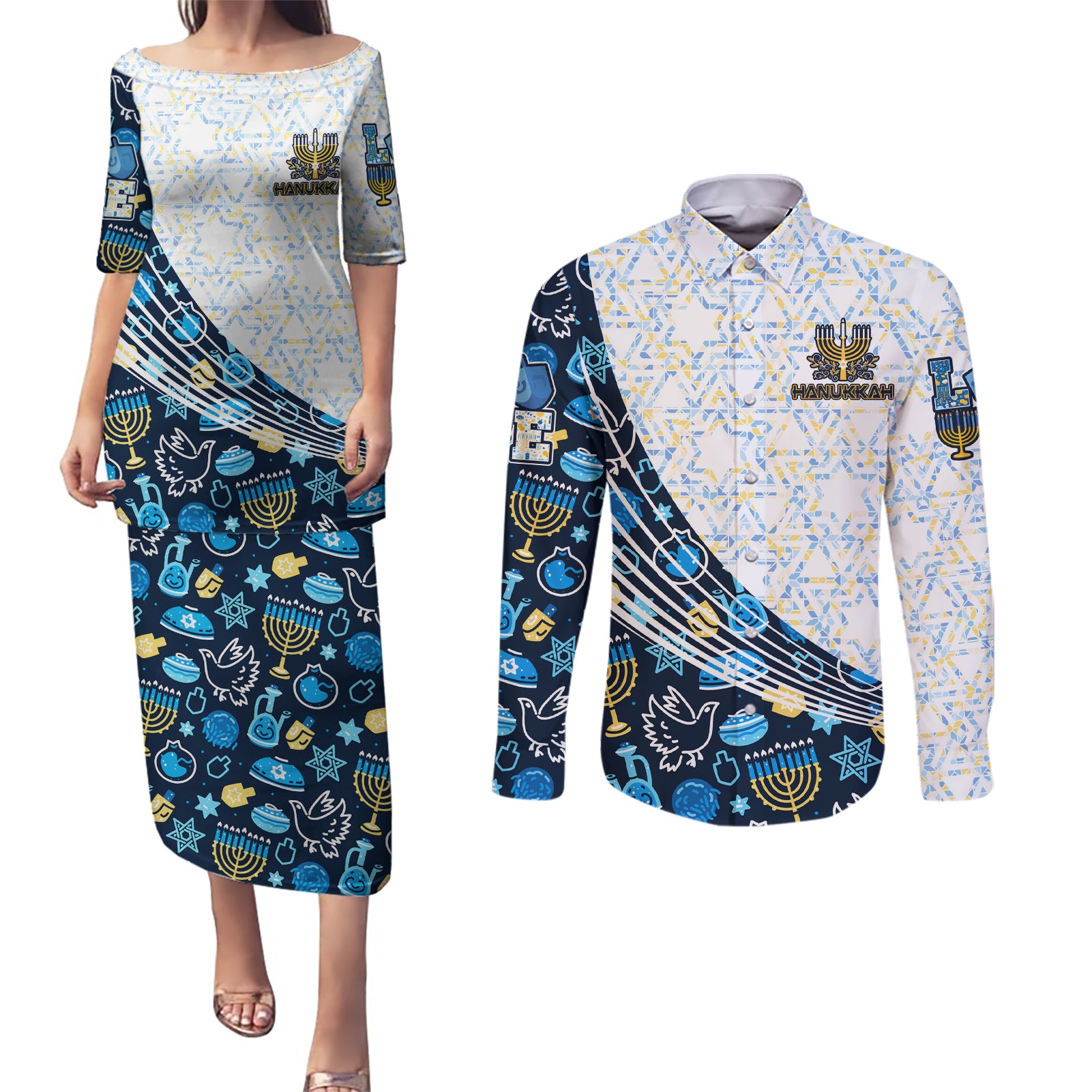 Happy Hanukkah Couples Matching Puletasi Dress and Long Sleeve Button Shirt Menorah and Dreidel - Wonder Print Shop