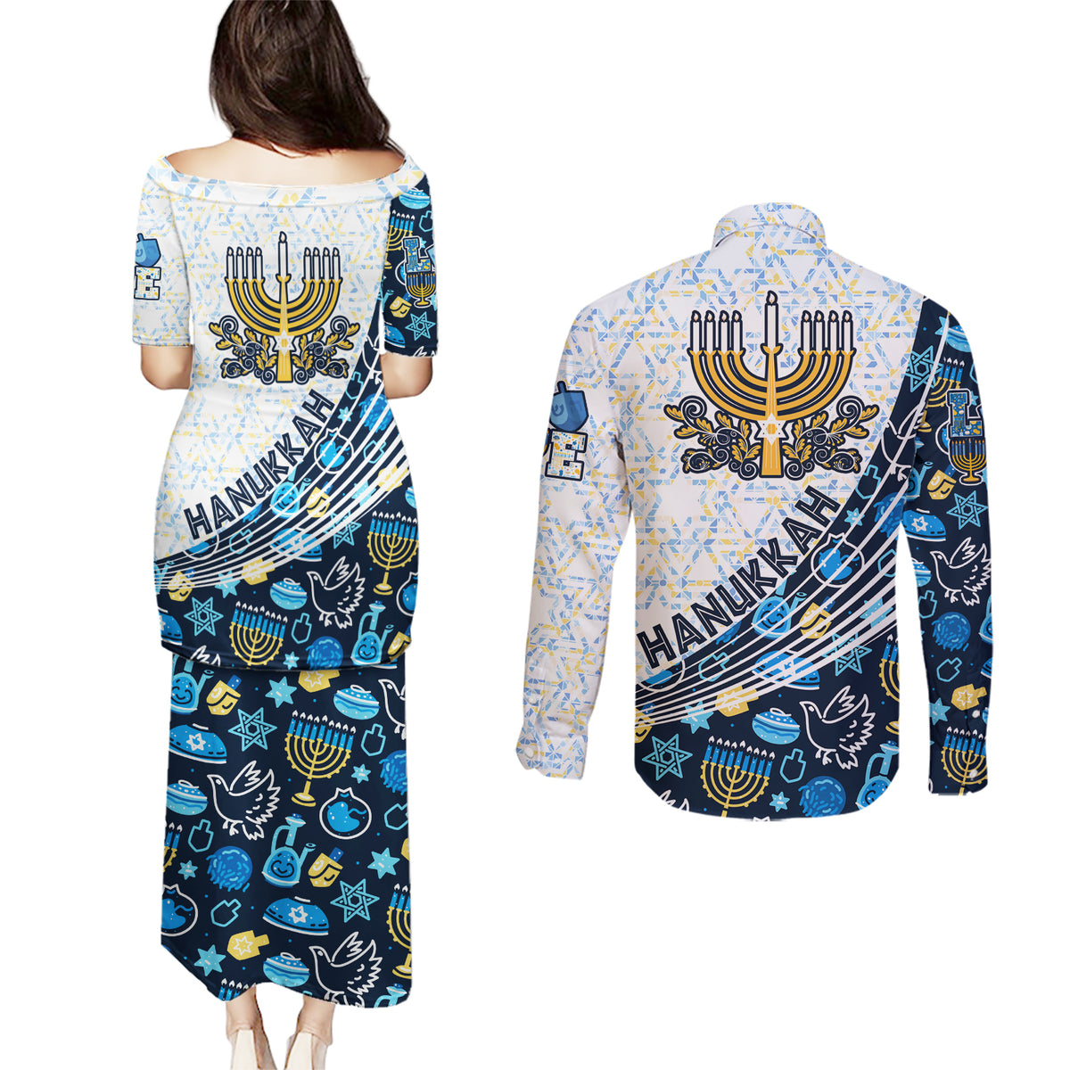 Happy Hanukkah Couples Matching Puletasi Dress and Long Sleeve Button Shirt Menorah and Dreidel - Wonder Print Shop