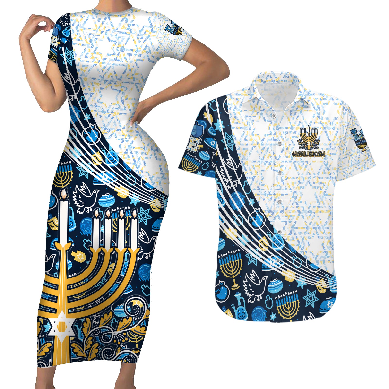 Happy Hanukkah Couples Matching Short Sleeve Bodycon Dress and Hawaiian Shirt Menorah and Dreidel - Wonder Print Shop