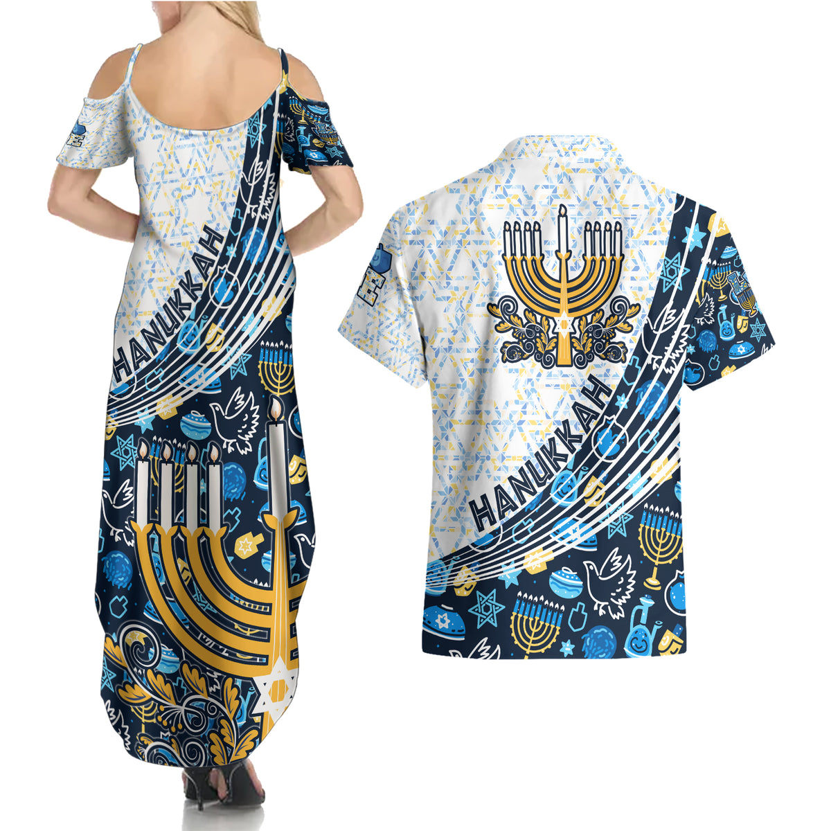 Happy Hanukkah Couples Matching Summer Maxi Dress and Hawaiian Shirt Menorah and Dreidel - Wonder Print Shop