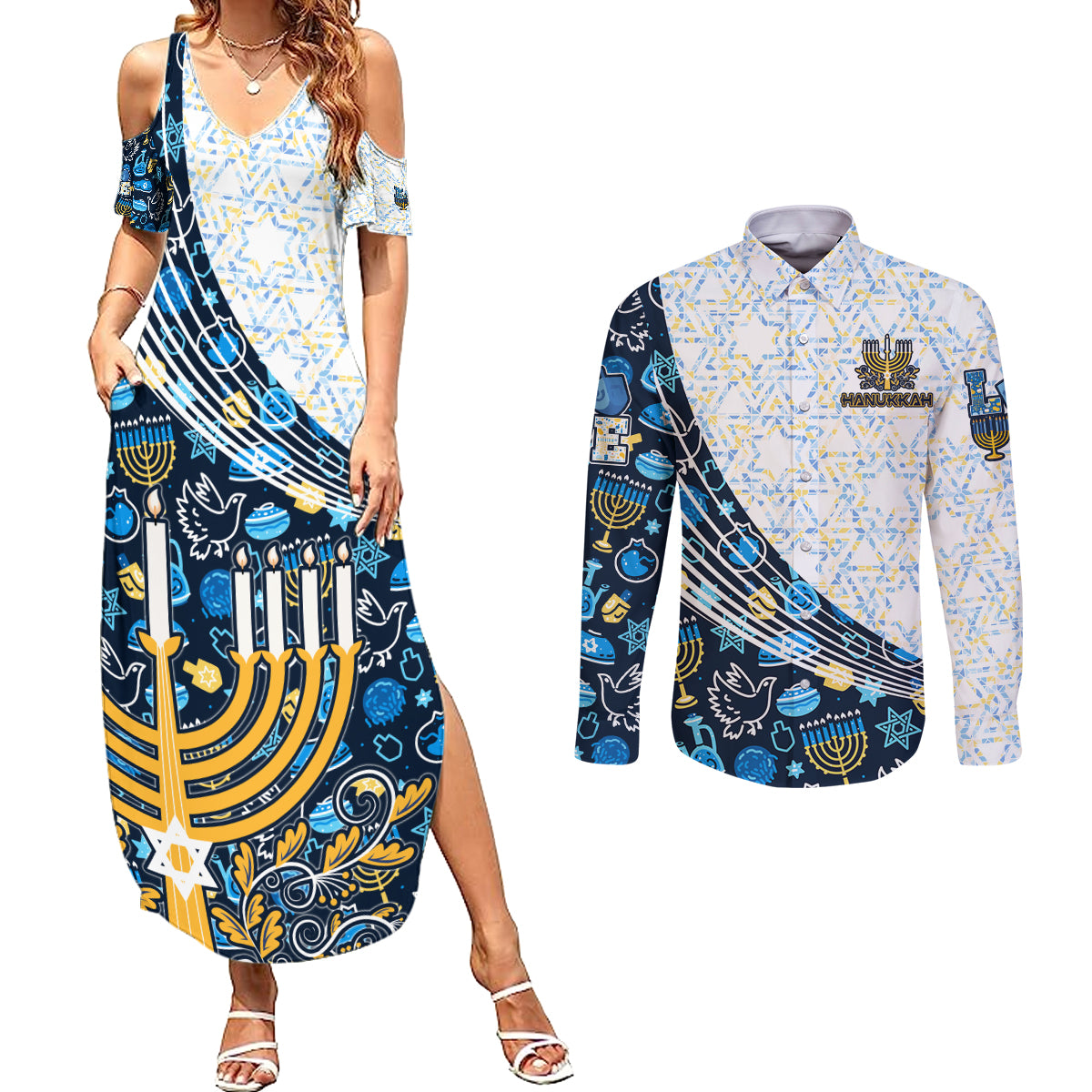 Happy Hanukkah Couples Matching Summer Maxi Dress and Long Sleeve Button Shirt Menorah and Dreidel - Wonder Print Shop