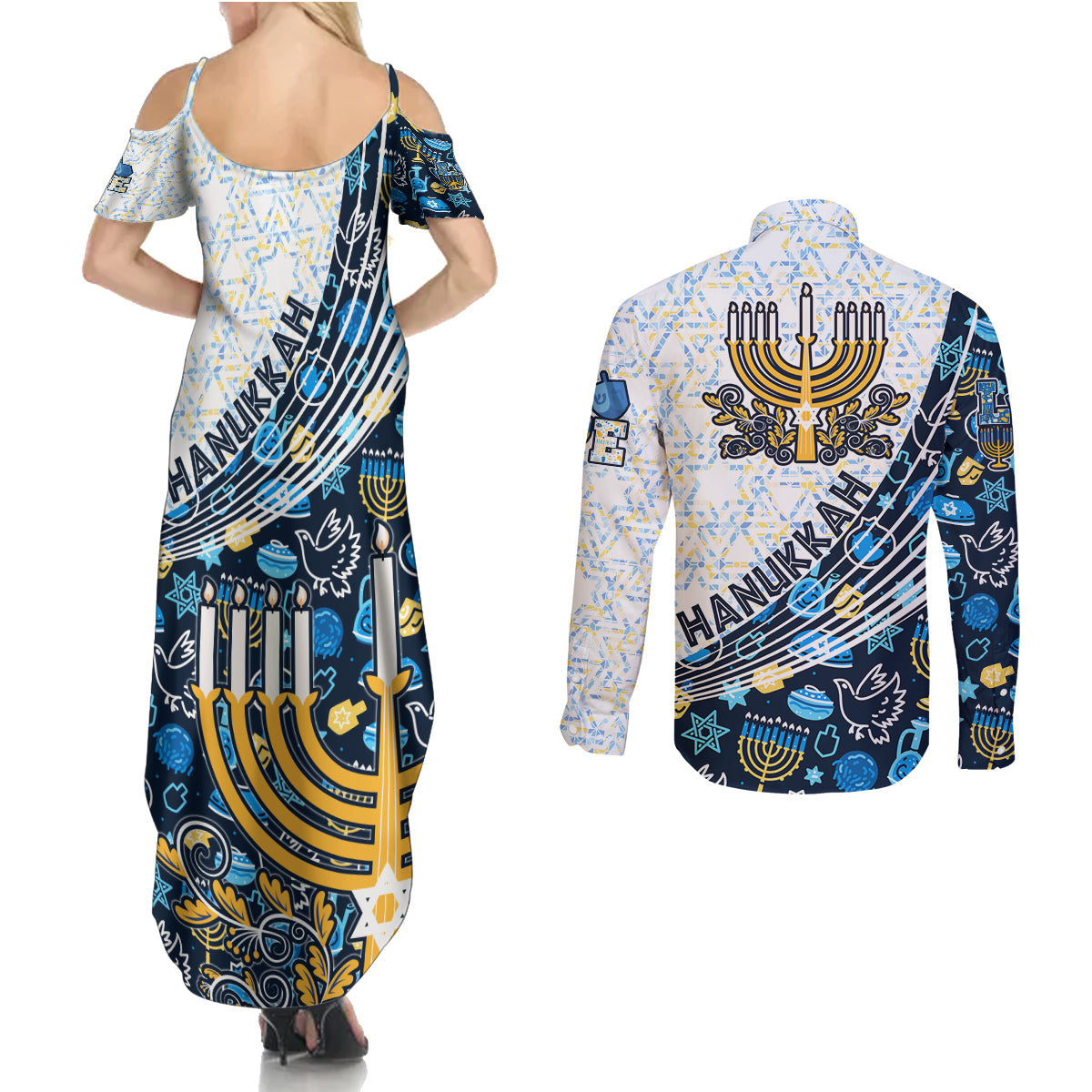 Happy Hanukkah Couples Matching Summer Maxi Dress and Long Sleeve Button Shirt Menorah and Dreidel - Wonder Print Shop