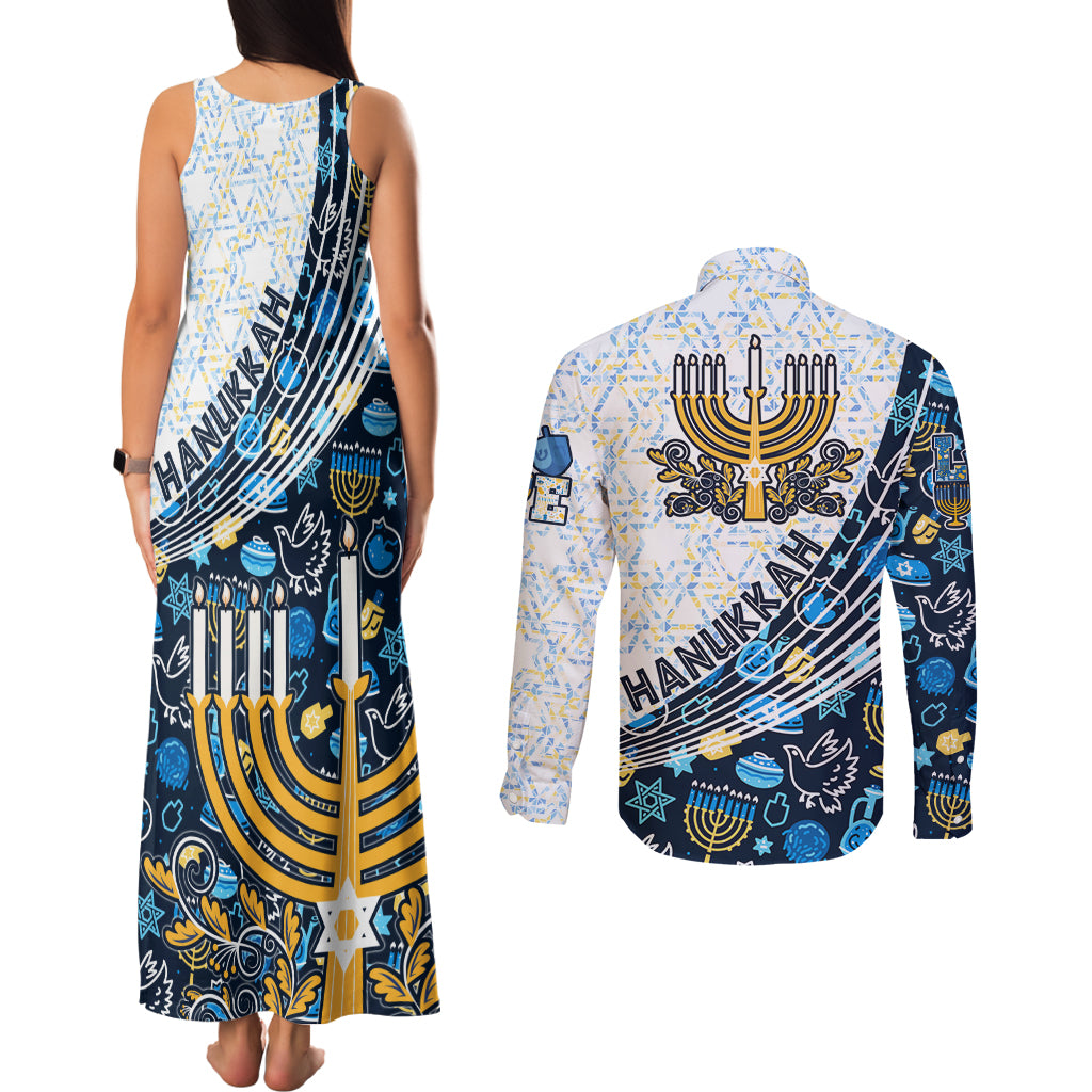 Happy Hanukkah Couples Matching Tank Maxi Dress and Long Sleeve Button Shirt Menorah and Dreidel - Wonder Print Shop