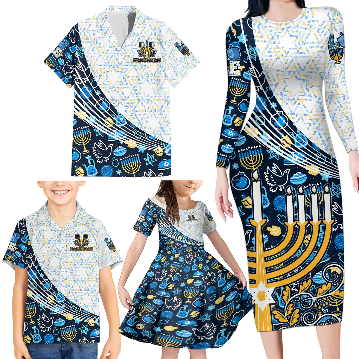 Happy Hanukkah Family Matching Long Sleeve Bodycon Dress and Hawaiian Shirt Menorah and Dreidel - Wonder Print Shop