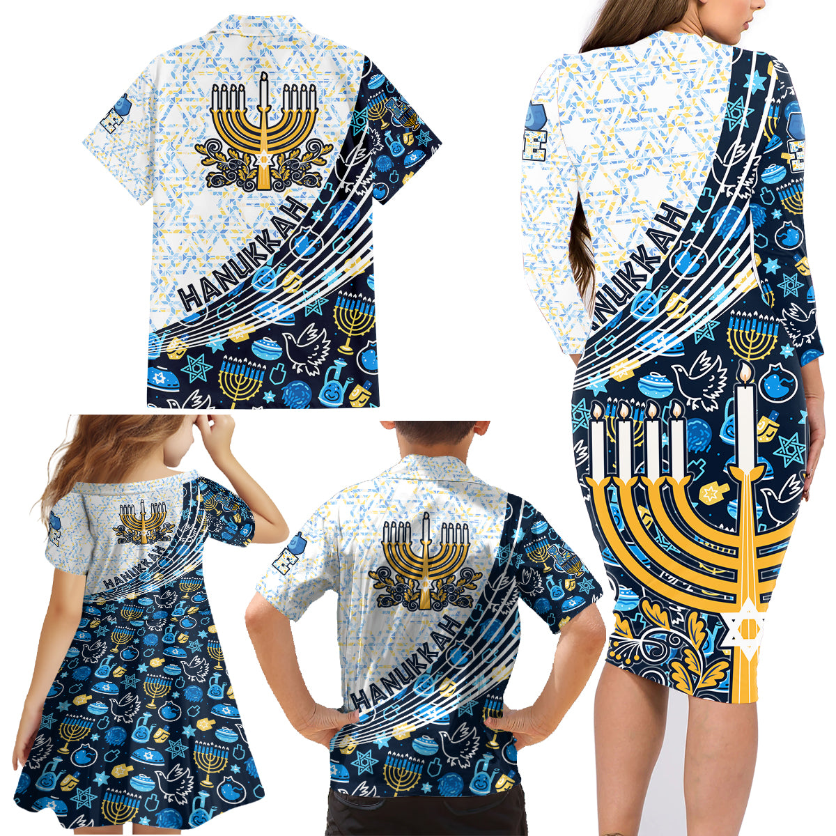Happy Hanukkah Family Matching Long Sleeve Bodycon Dress and Hawaiian Shirt Menorah and Dreidel - Wonder Print Shop