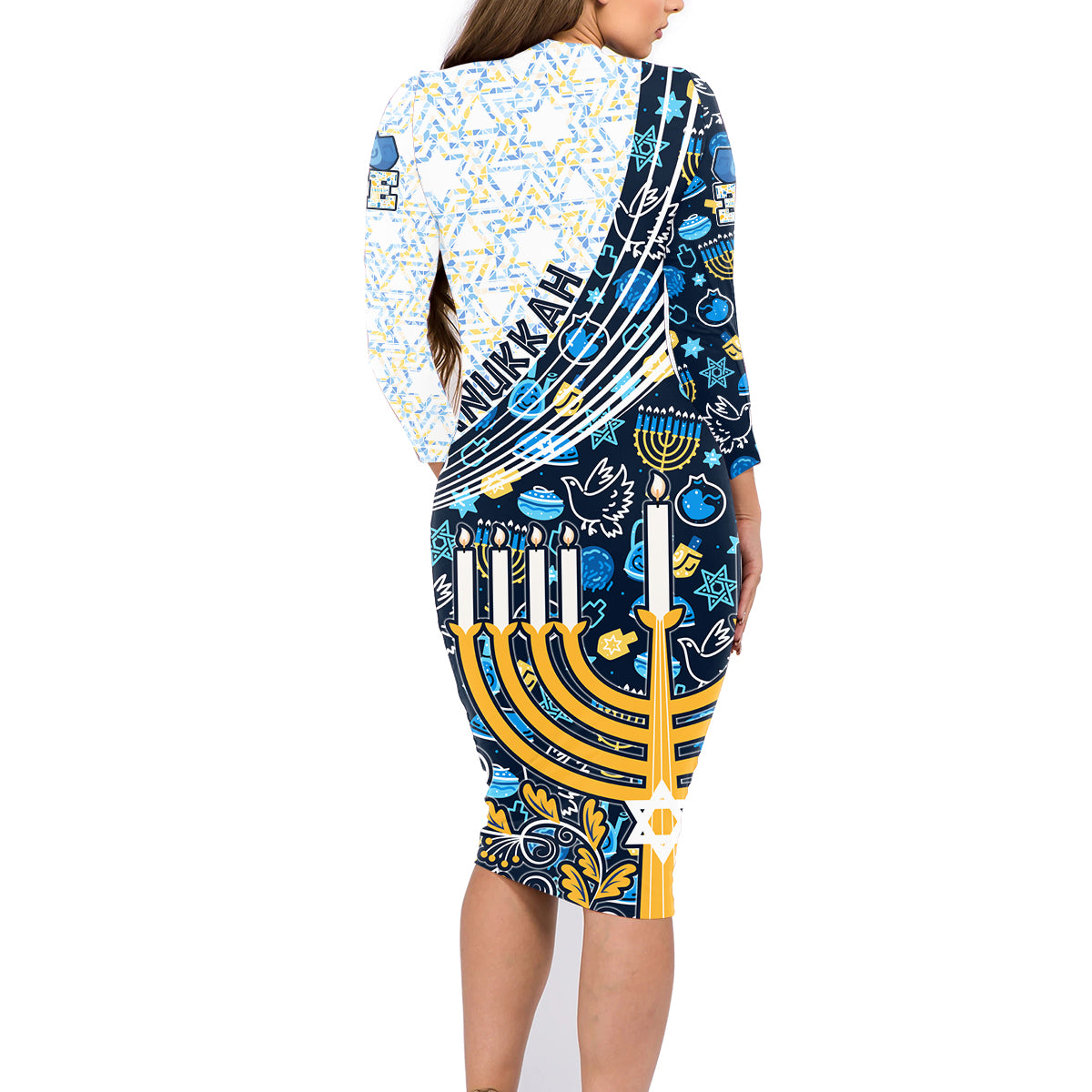 Happy Hanukkah Family Matching Long Sleeve Bodycon Dress and Hawaiian Shirt Menorah and Dreidel - Wonder Print Shop
