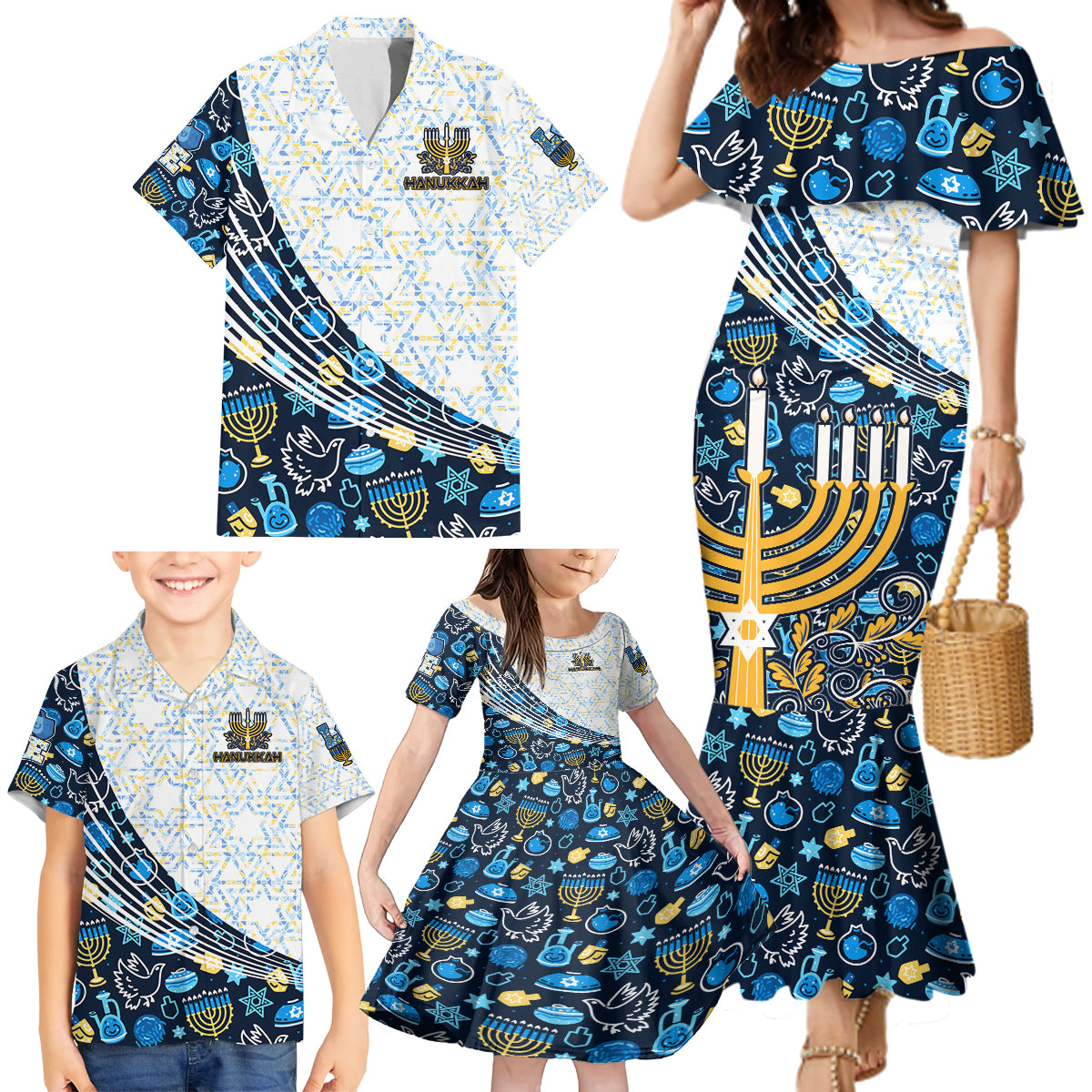Happy Hanukkah Family Matching Mermaid Dress and Hawaiian Shirt Menorah and Dreidel - Wonder Print Shop