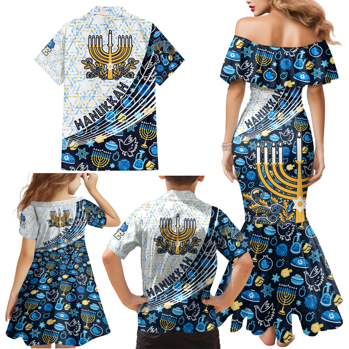 Happy Hanukkah Family Matching Mermaid Dress and Hawaiian Shirt Menorah and Dreidel - Wonder Print Shop