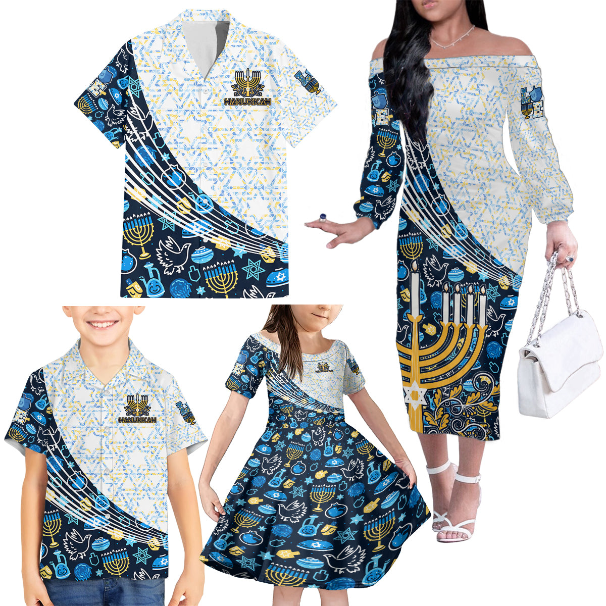 Happy Hanukkah Family Matching Off Shoulder Long Sleeve Dress and Hawaiian Shirt Menorah and Dreidel - Wonder Print Shop