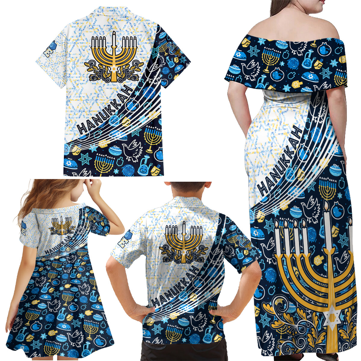 Happy Hanukkah Family Matching Off Shoulder Maxi Dress and Hawaiian Shirt Menorah and Dreidel - Wonder Print Shop