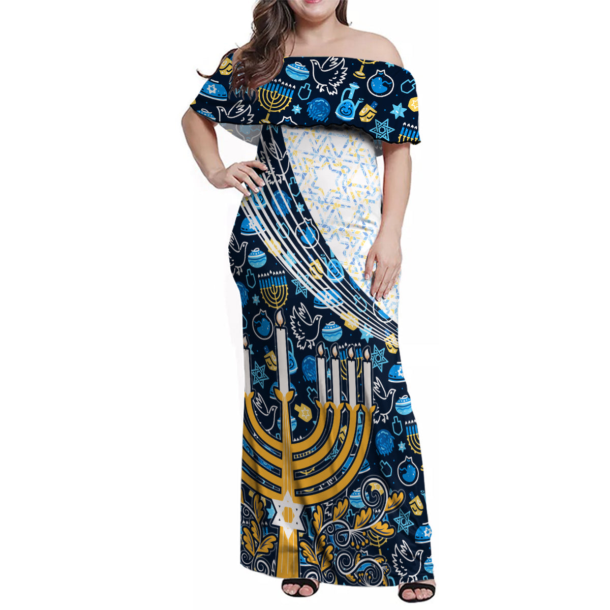 Happy Hanukkah Family Matching Off Shoulder Maxi Dress and Hawaiian Shirt Menorah and Dreidel - Wonder Print Shop