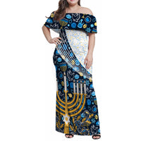 Happy Hanukkah Family Matching Off Shoulder Maxi Dress and Hawaiian Shirt Menorah and Dreidel - Wonder Print Shop