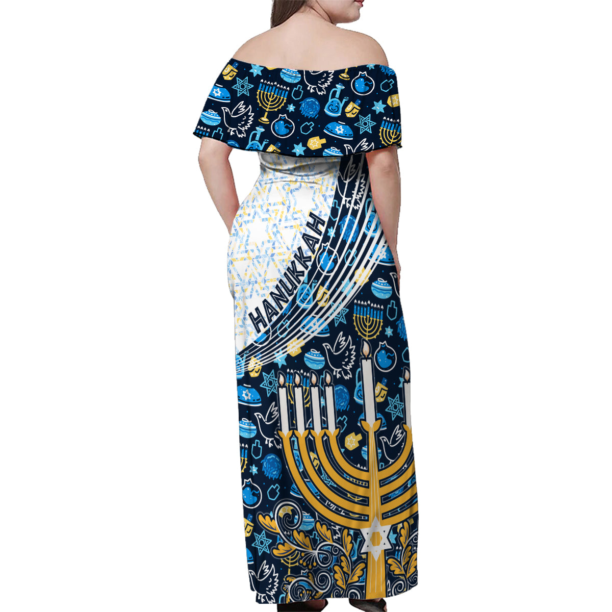 Happy Hanukkah Family Matching Off Shoulder Maxi Dress and Hawaiian Shirt Menorah and Dreidel - Wonder Print Shop