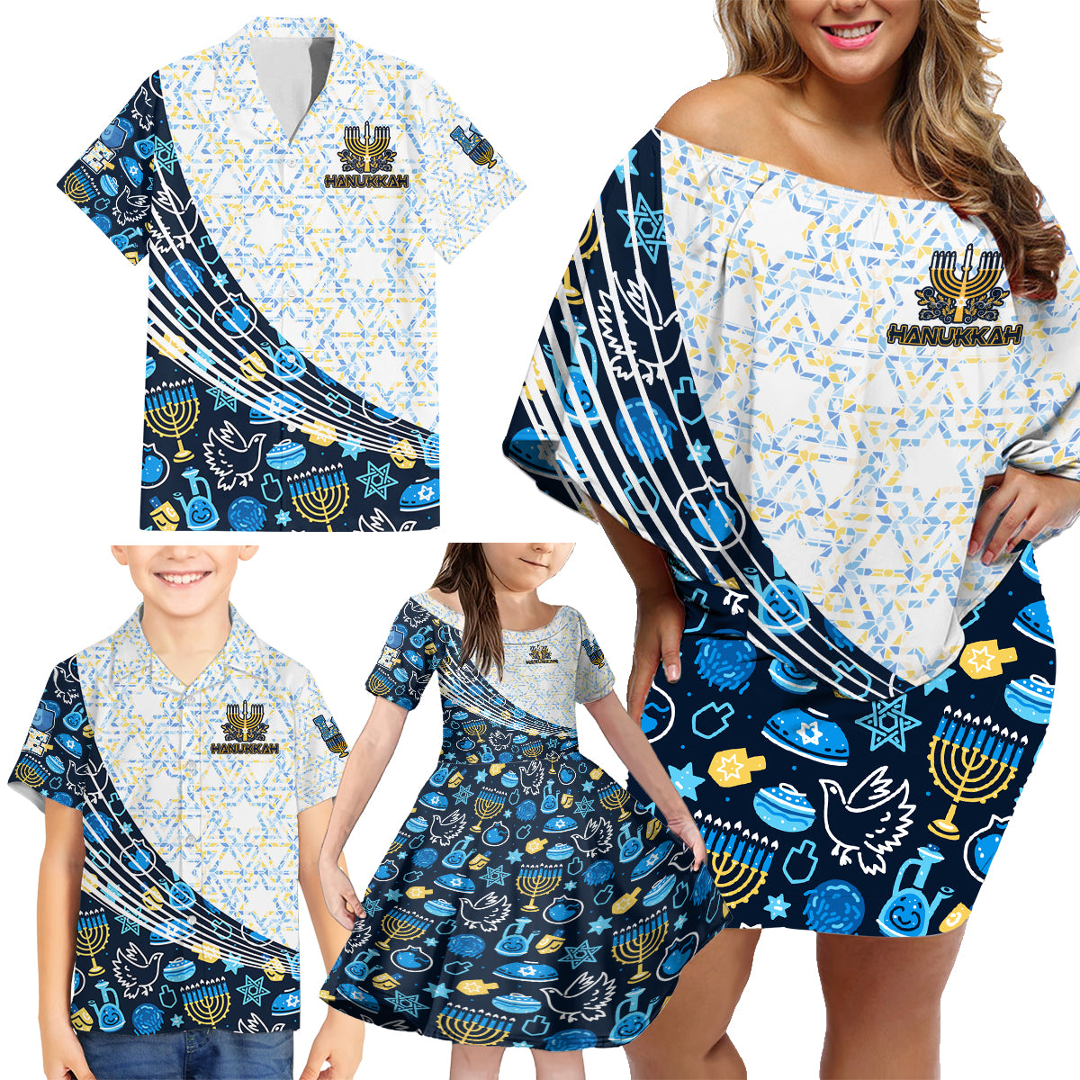 Happy Hanukkah Family Matching Off Shoulder Short Dress and Hawaiian Shirt Menorah and Dreidel - Wonder Print Shop