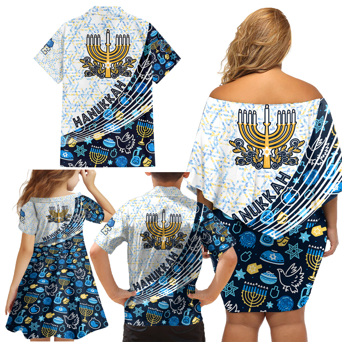 Happy Hanukkah Family Matching Off Shoulder Short Dress and Hawaiian Shirt Menorah and Dreidel - Wonder Print Shop