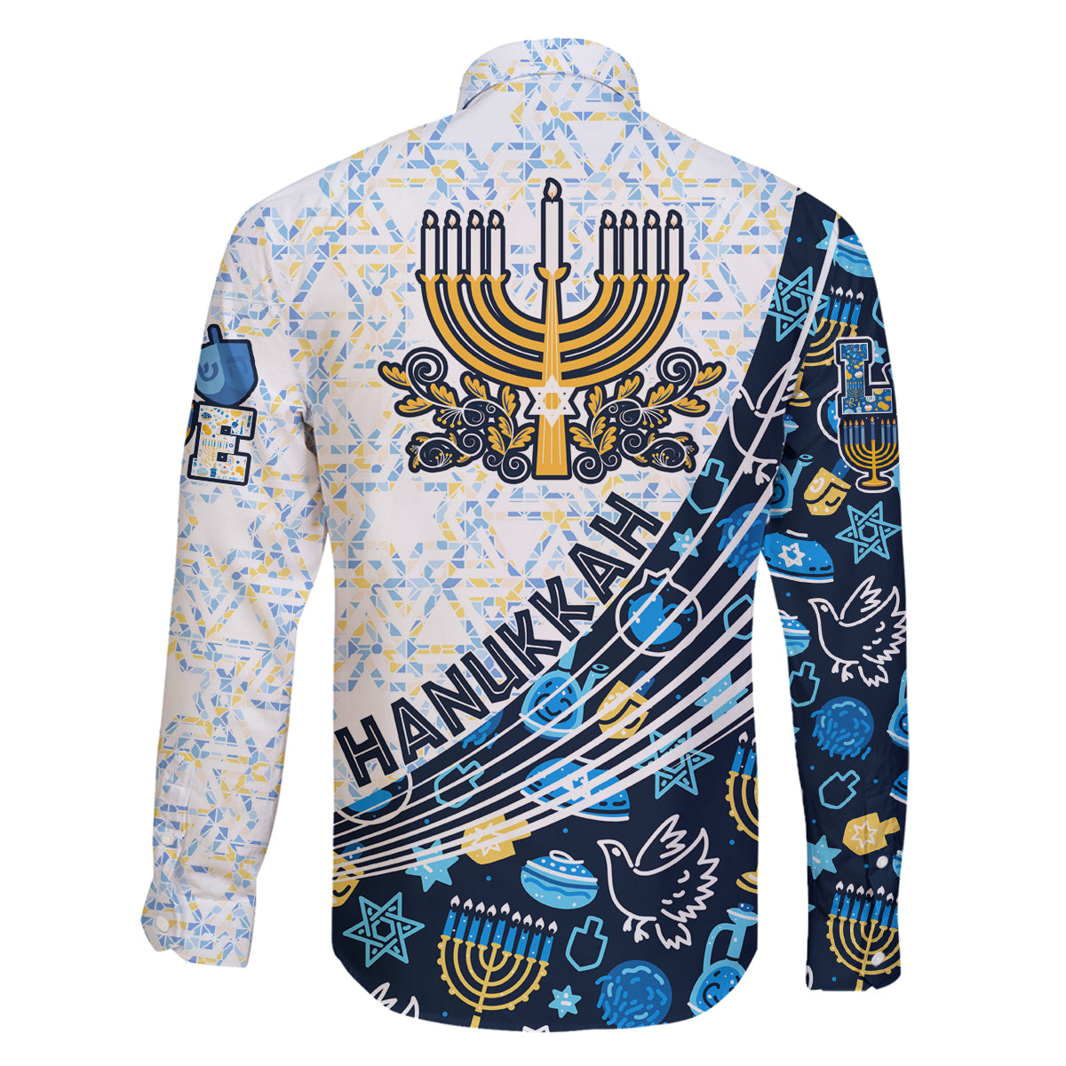 Happy Hanukkah Family Matching Off Shoulder Short Dress and Hawaiian Shirt Menorah and Dreidel - Wonder Print Shop