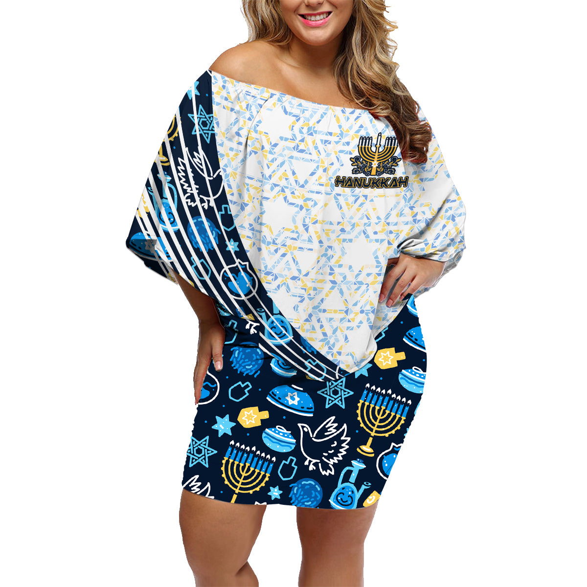 Happy Hanukkah Family Matching Off Shoulder Short Dress and Hawaiian Shirt Menorah and Dreidel - Wonder Print Shop