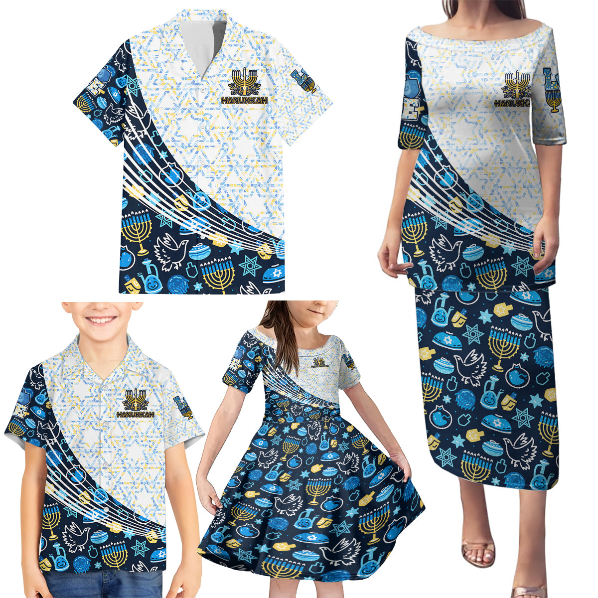 Happy Hanukkah Family Matching Puletasi Dress and Hawaiian Shirt Menorah and Dreidel - Wonder Print Shop