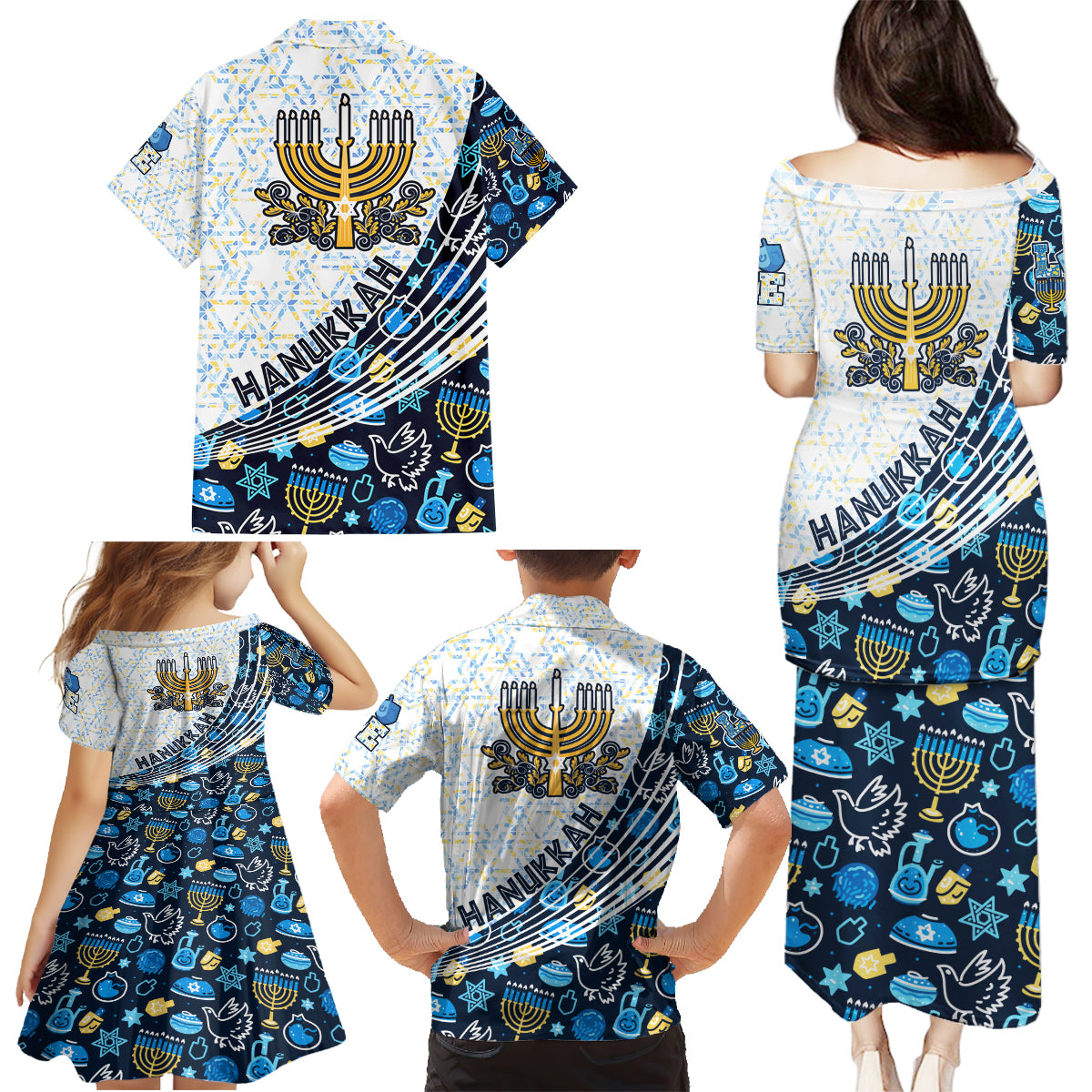 Happy Hanukkah Family Matching Puletasi Dress and Hawaiian Shirt Menorah and Dreidel - Wonder Print Shop
