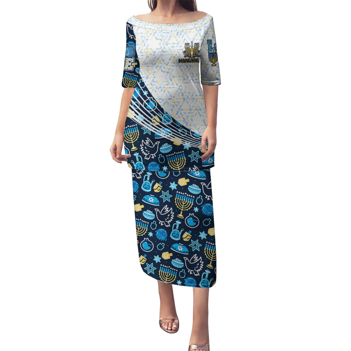 Happy Hanukkah Family Matching Puletasi Dress and Hawaiian Shirt Menorah and Dreidel - Wonder Print Shop