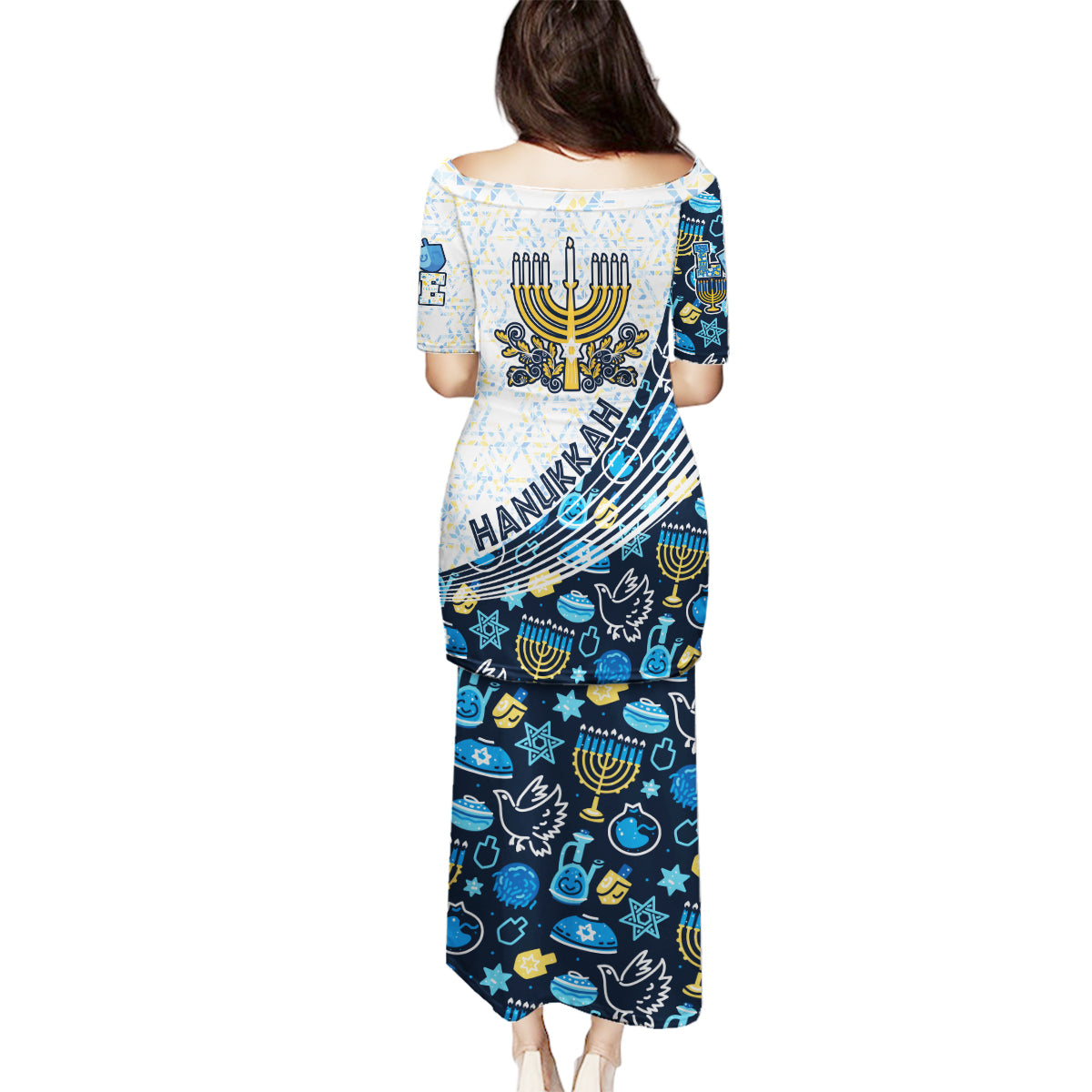 Happy Hanukkah Family Matching Puletasi Dress and Hawaiian Shirt Menorah and Dreidel - Wonder Print Shop