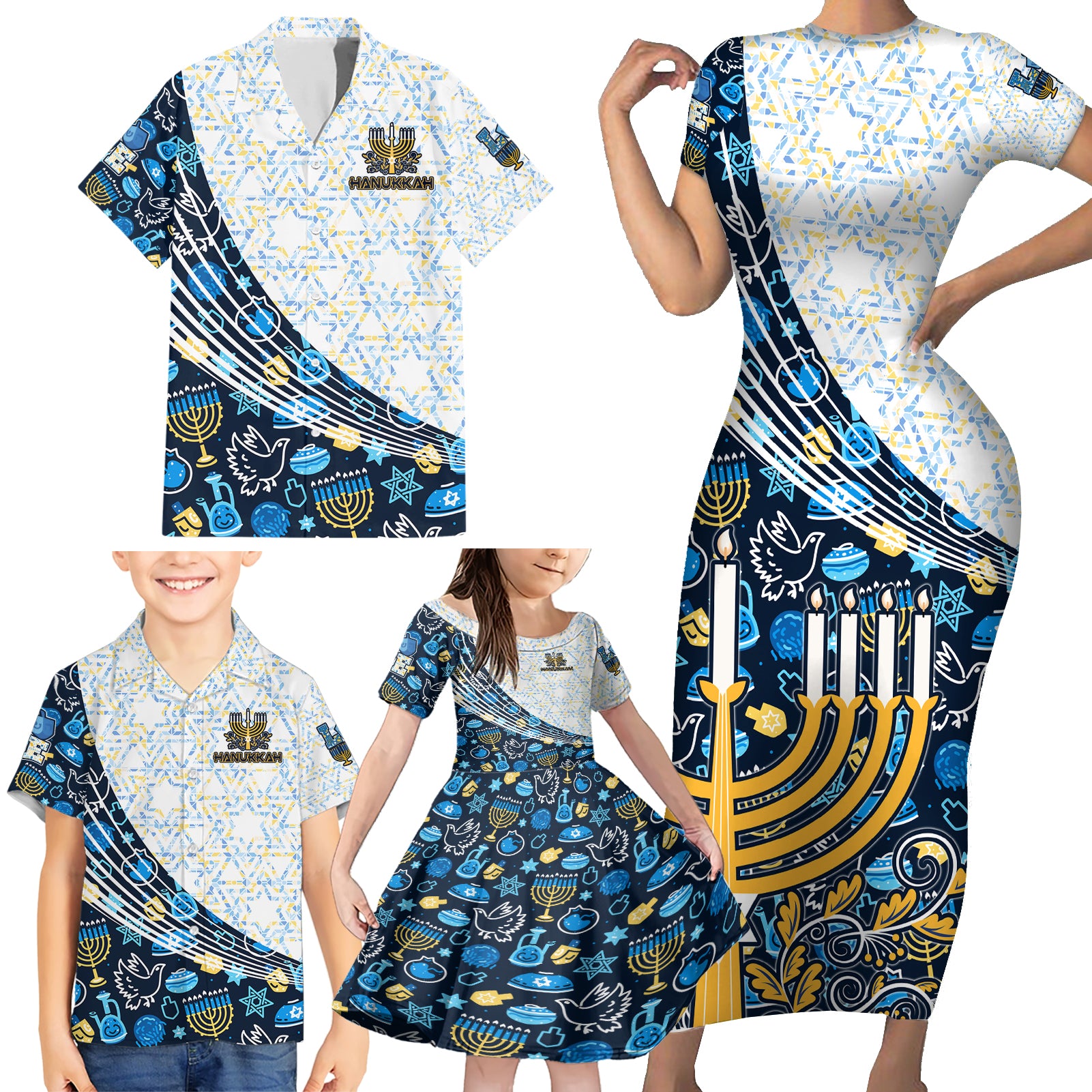 Happy Hanukkah Family Matching Short Sleeve Bodycon Dress and Hawaiian Shirt Menorah and Dreidel - Wonder Print Shop