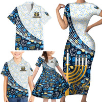 Happy Hanukkah Family Matching Short Sleeve Bodycon Dress and Hawaiian Shirt Menorah and Dreidel - Wonder Print Shop