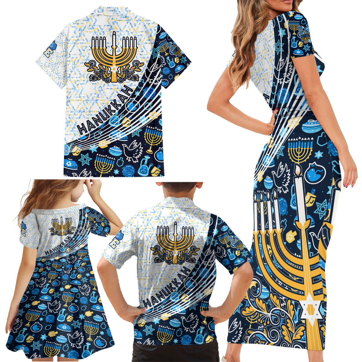 Happy Hanukkah Family Matching Short Sleeve Bodycon Dress and Hawaiian Shirt Menorah and Dreidel - Wonder Print Shop