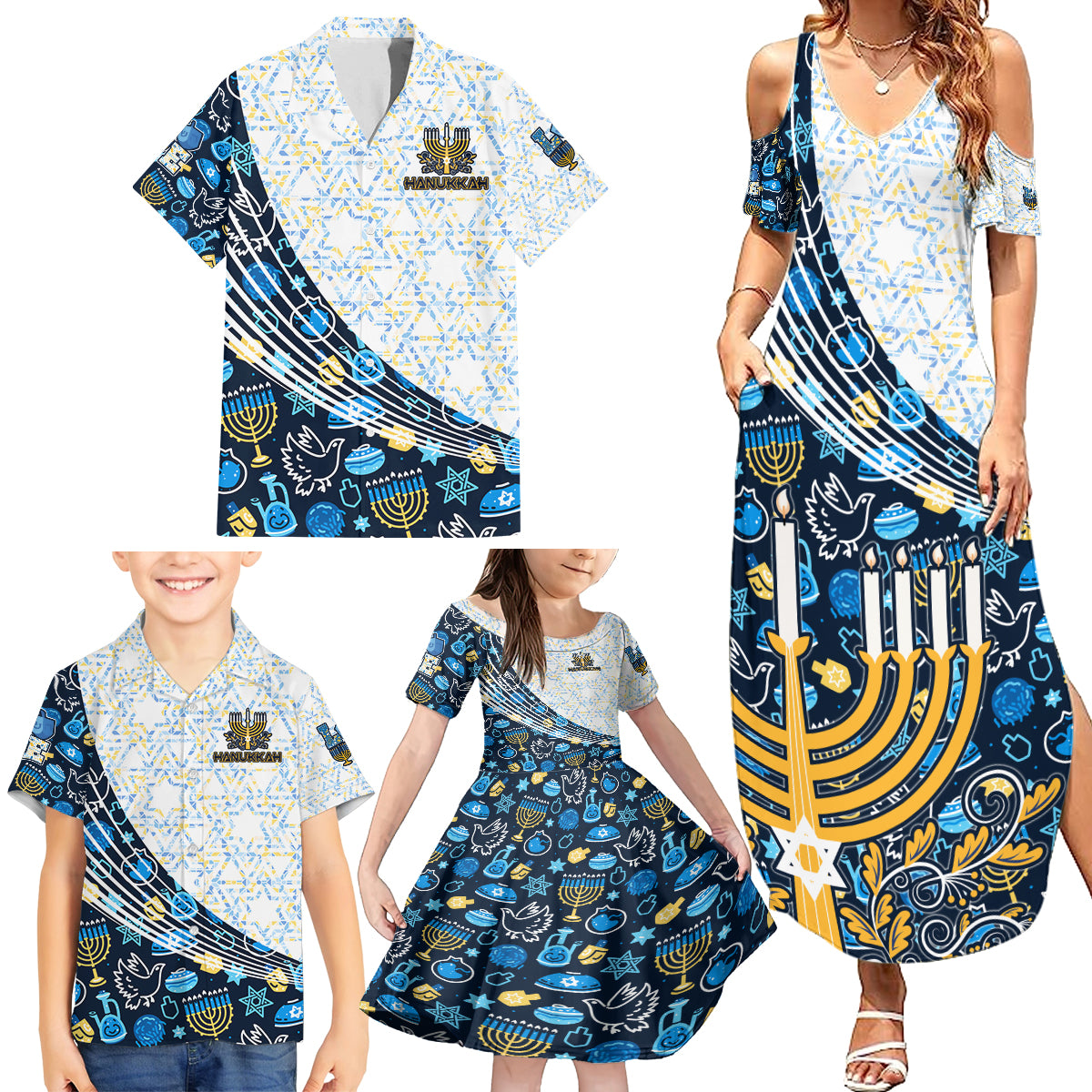 Happy Hanukkah Family Matching Summer Maxi Dress and Hawaiian Shirt Menorah and Dreidel - Wonder Print Shop