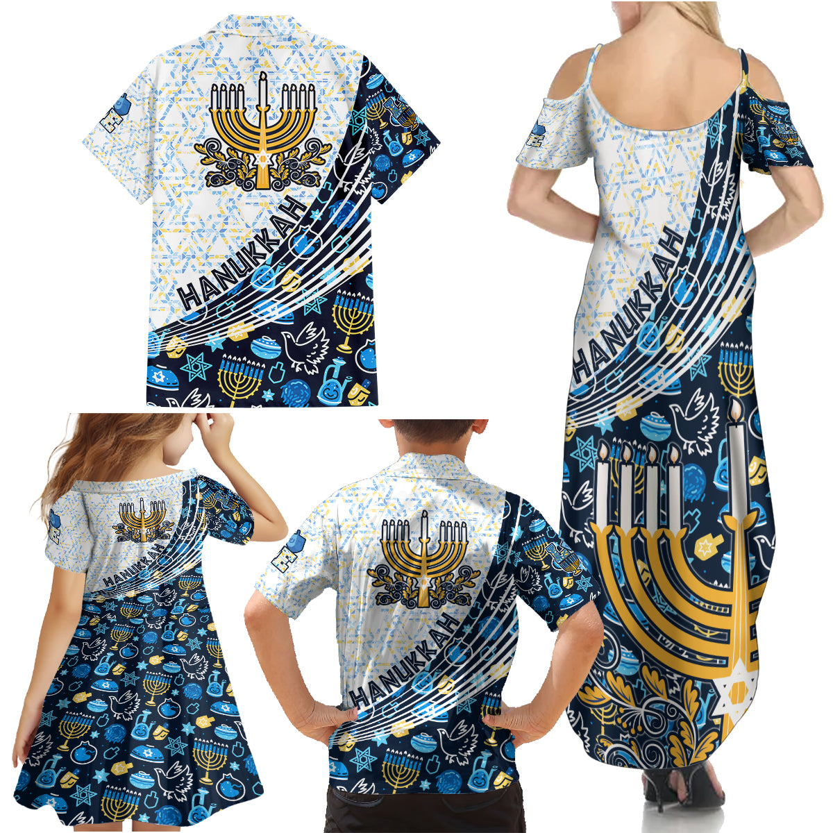 Happy Hanukkah Family Matching Summer Maxi Dress and Hawaiian Shirt Menorah and Dreidel - Wonder Print Shop