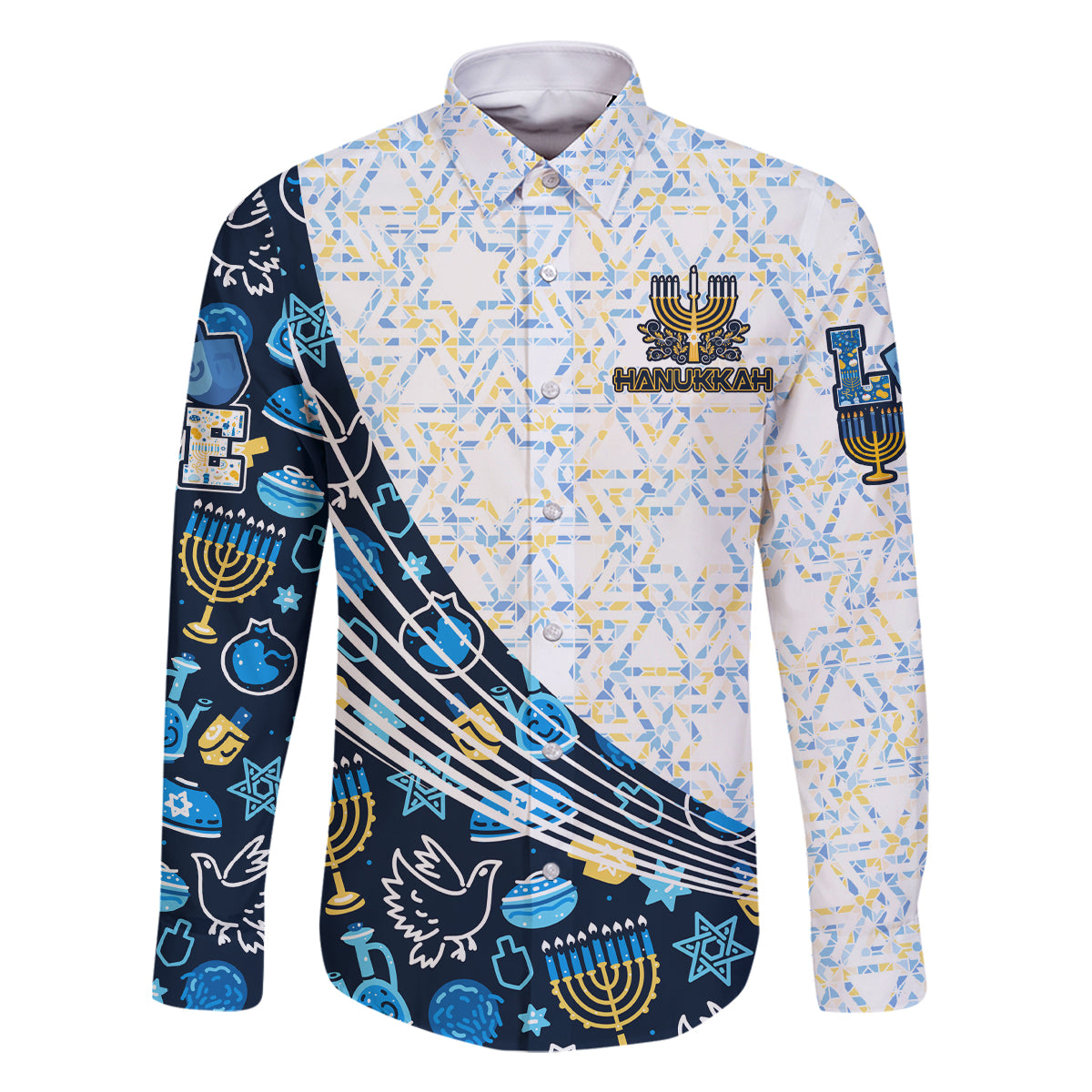 Happy Hanukkah Family Matching Summer Maxi Dress and Hawaiian Shirt Menorah and Dreidel - Wonder Print Shop