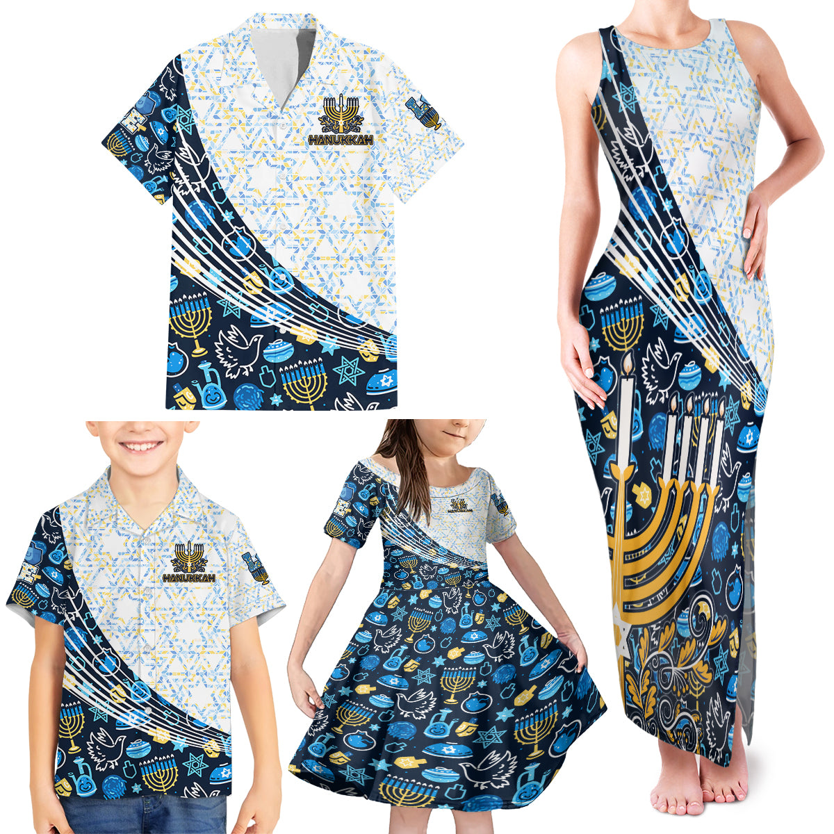 Happy Hanukkah Family Matching Tank Maxi Dress and Hawaiian Shirt Menorah and Dreidel - Wonder Print Shop