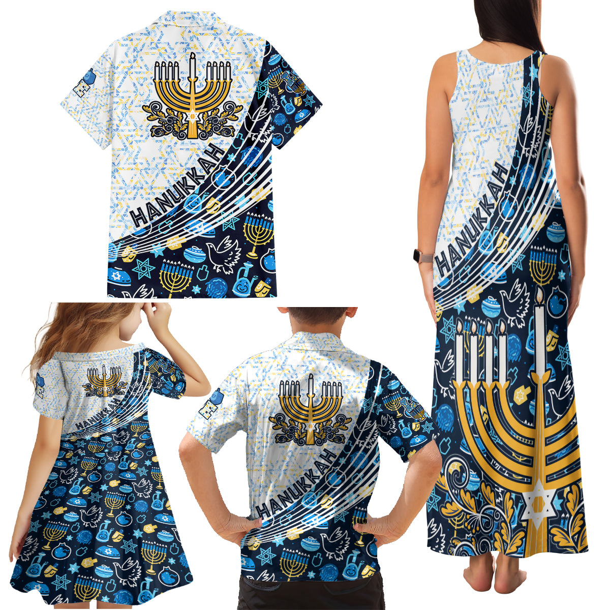 Happy Hanukkah Family Matching Tank Maxi Dress and Hawaiian Shirt Menorah and Dreidel - Wonder Print Shop