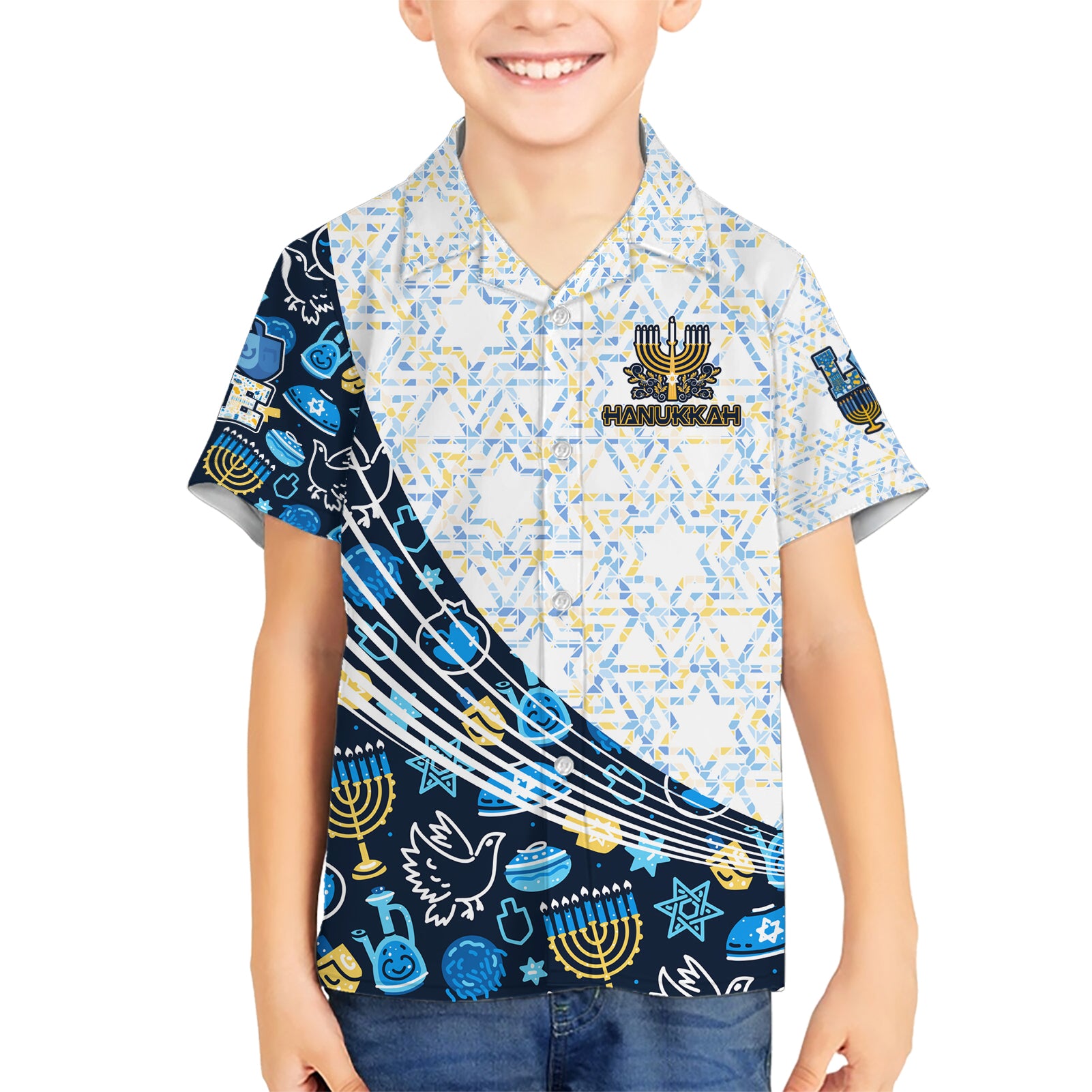Happy Hanukkah Kid Hawaiian Shirt Menorah and Dreidel - Wonder Print Shop