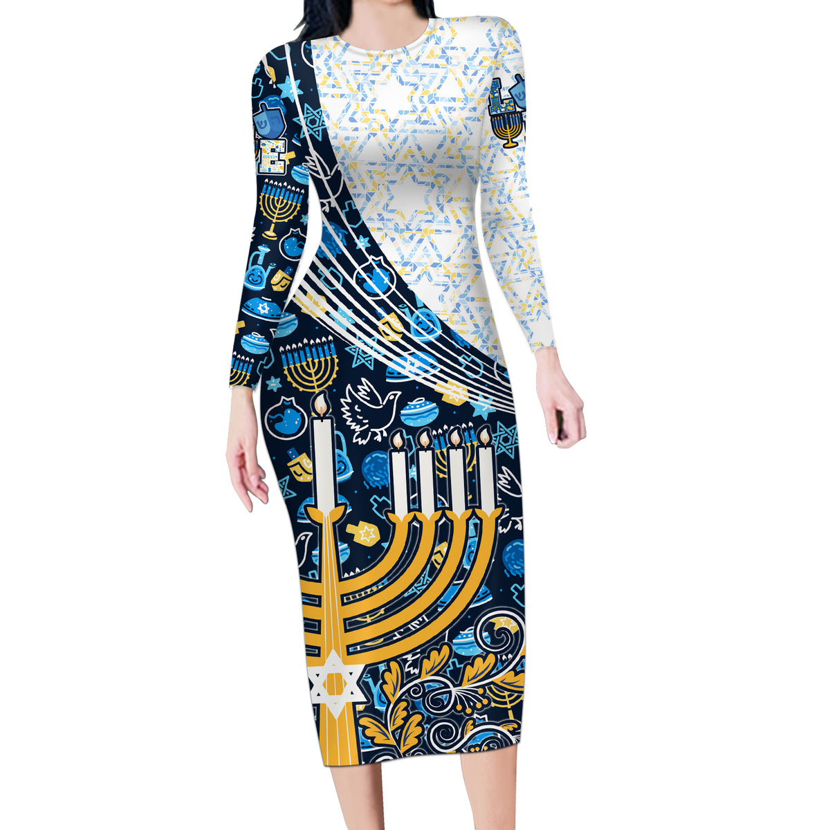 Happy Hanukkah Long Sleeve Bodycon Dress Menorah and Dreidel - Wonder Print Shop