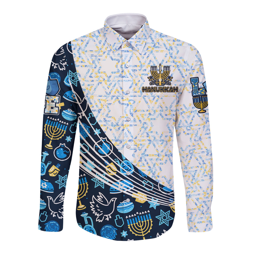 Happy Hanukkah Long Sleeve Button Shirt Menorah and Dreidel - Wonder Print Shop