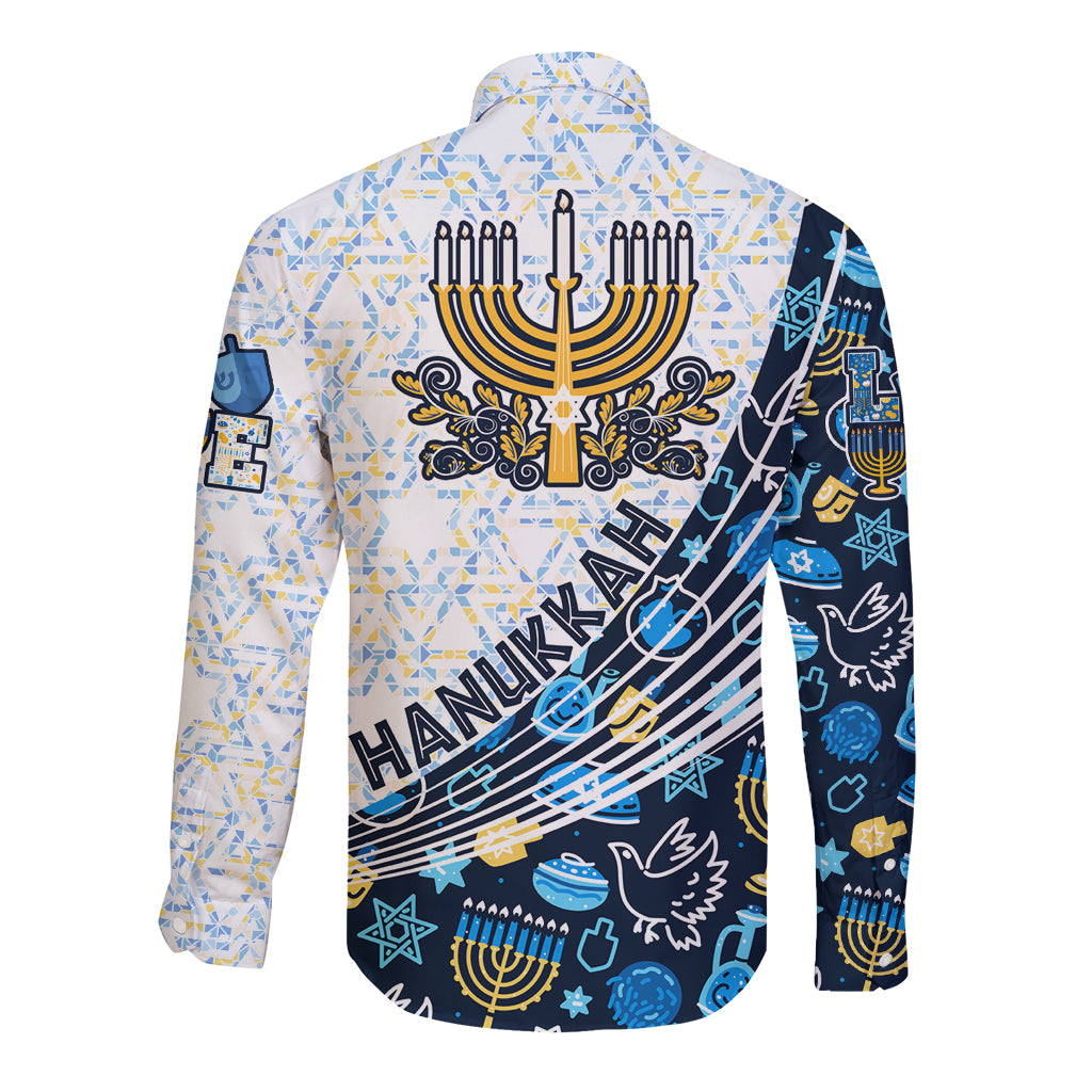 Happy Hanukkah Long Sleeve Button Shirt Menorah and Dreidel - Wonder Print Shop